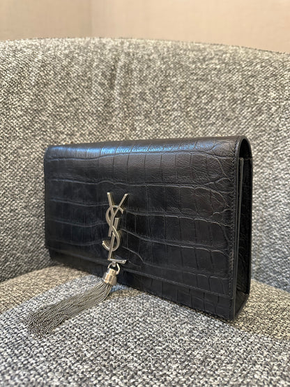 Yves Saint Laurent Kate Shoulder Bag in Crocodile-Embossed Black Leather