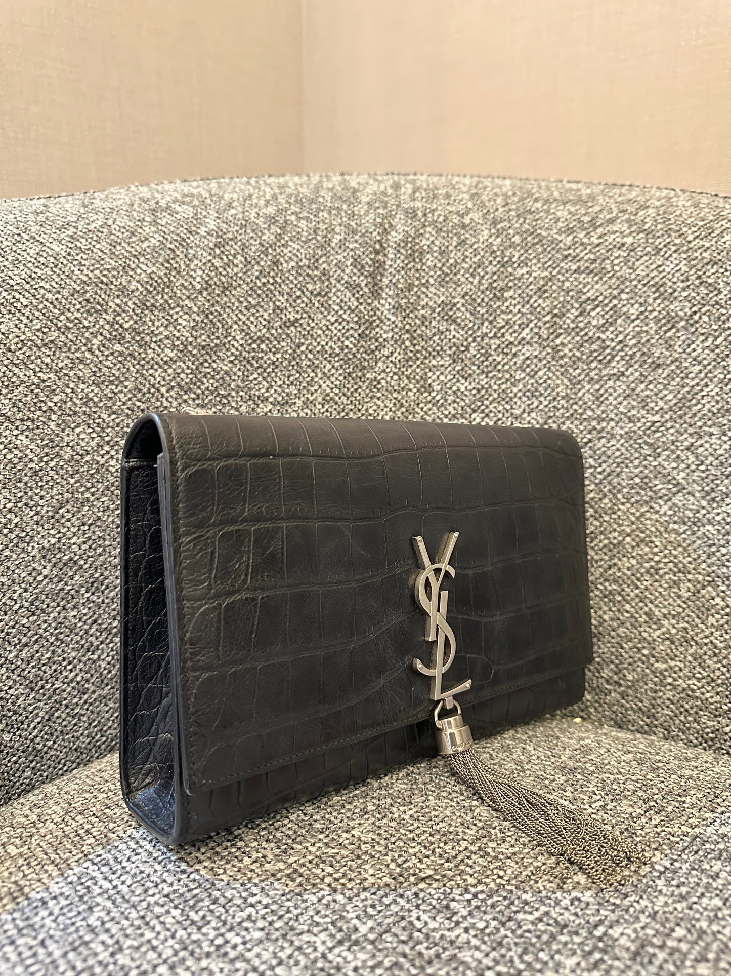 Yves Saint Laurent Kate Shoulder Bag in Crocodile-Embossed Black Leather