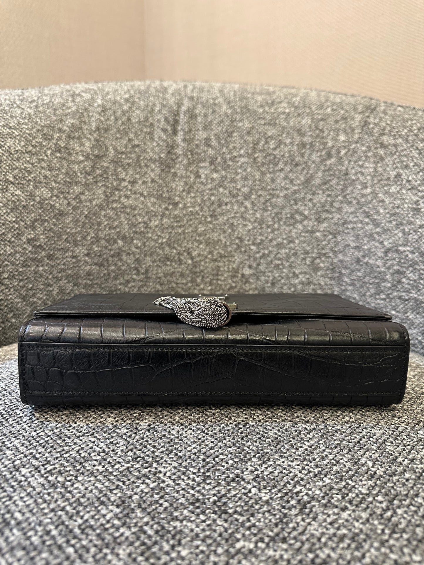 Yves Saint Laurent Kate Shoulder Bag in Crocodile-Embossed Black Leather