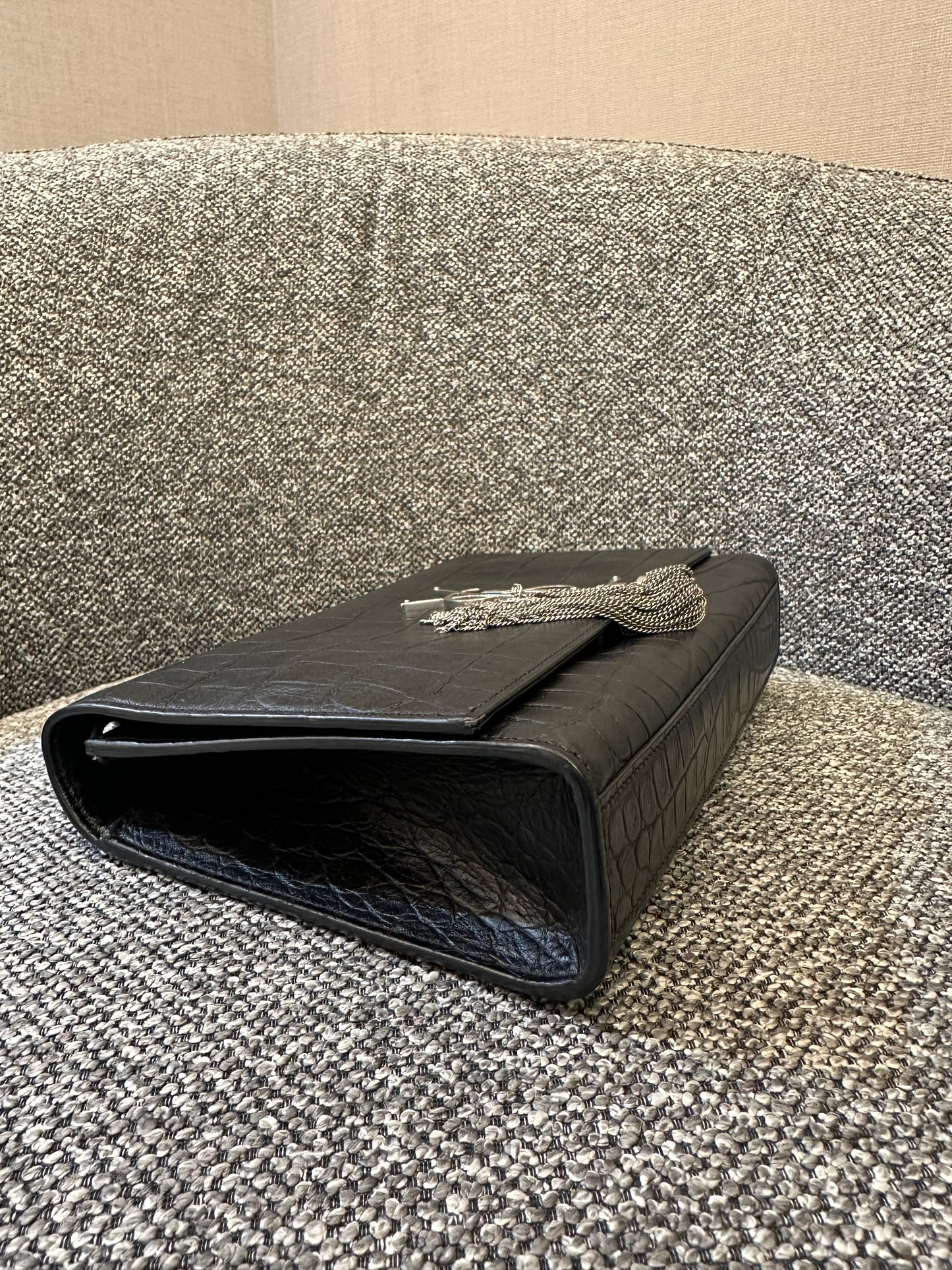 Yves Saint Laurent Kate Shoulder Bag in Crocodile-Embossed Black Leather