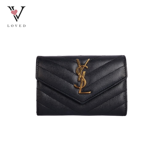 Cassandre Matelasse Small Envelope Wallet  in Grain De Poudre Embossed Leather  Black