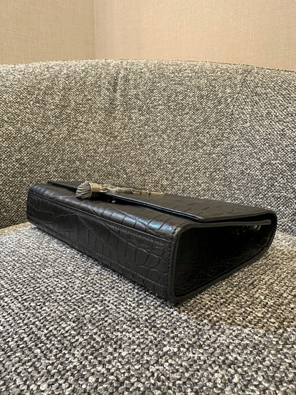 Yves Saint Laurent Kate Shoulder Bag in Crocodile-Embossed Black Leather