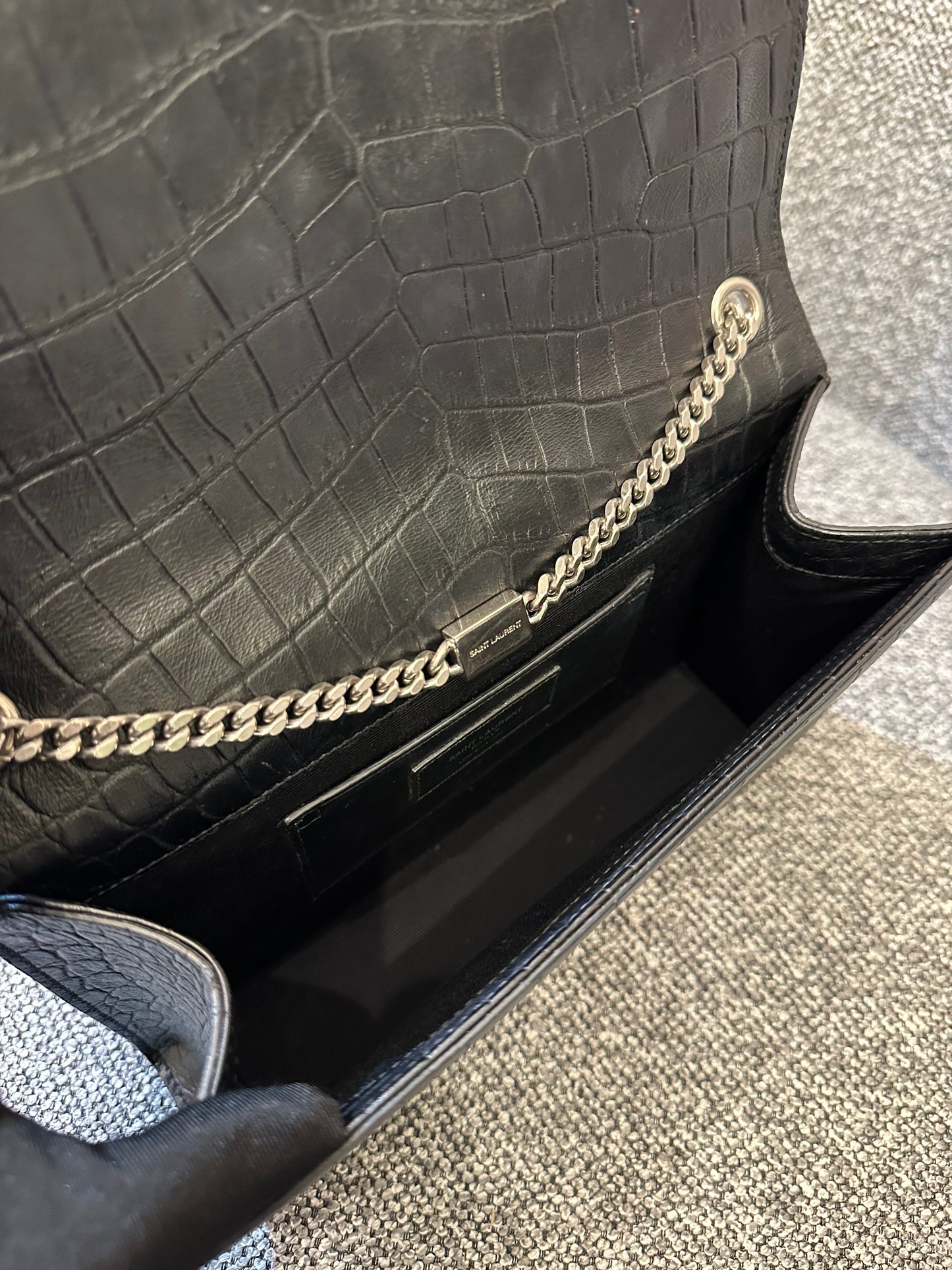 Yves Saint Laurent Kate Shoulder Bag in Crocodile-Embossed Black Leather