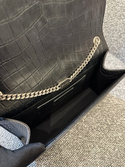 Yves Saint Laurent Kate Shoulder Bag in Crocodile-Embossed Black Leather
