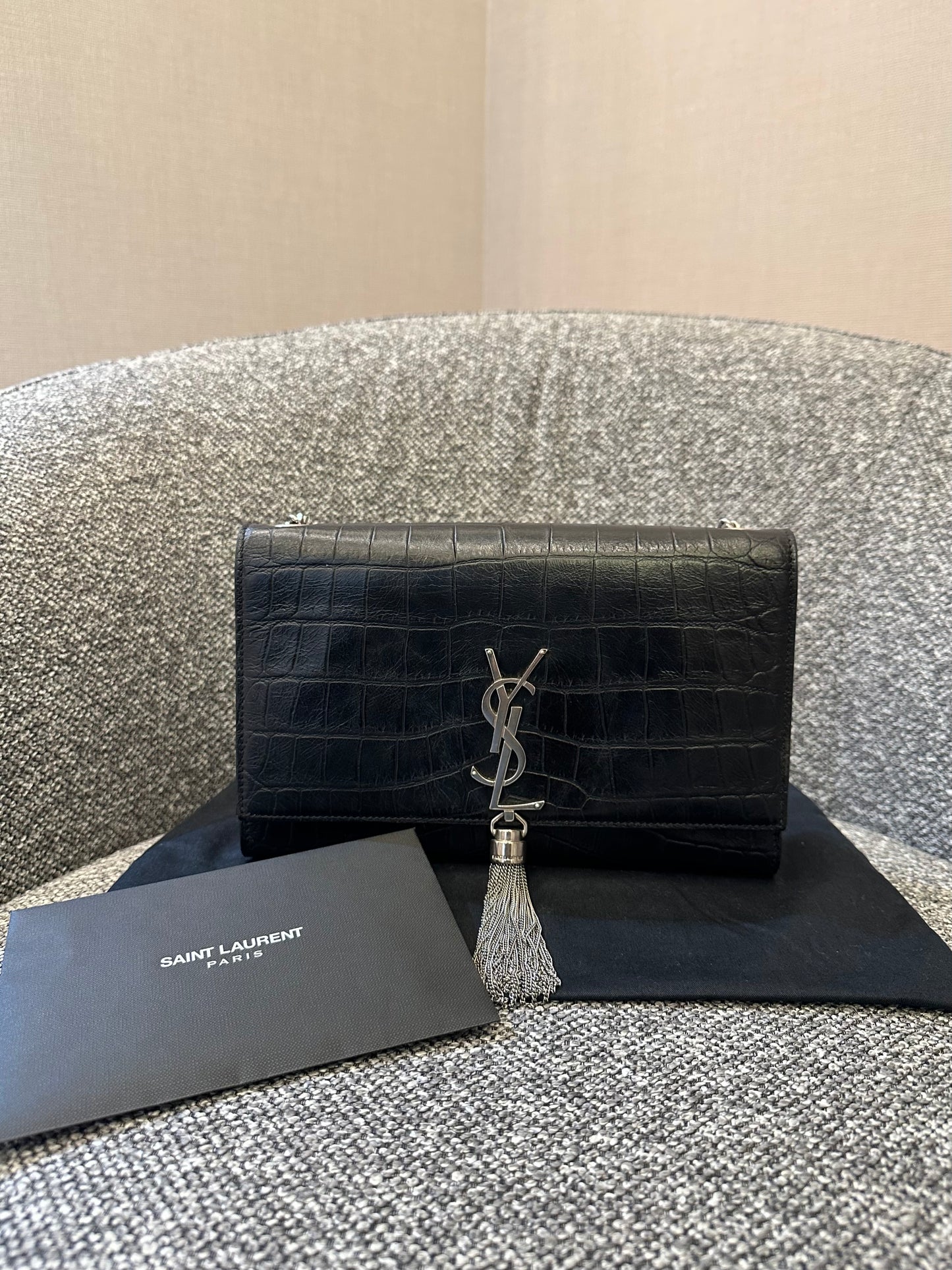 Yves Saint Laurent Kate Shoulder Bag in Crocodile-Embossed Black Leather