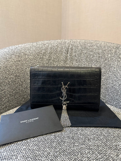 Yves Saint Laurent Kate Shoulder Bag in Crocodile-Embossed Black Leather