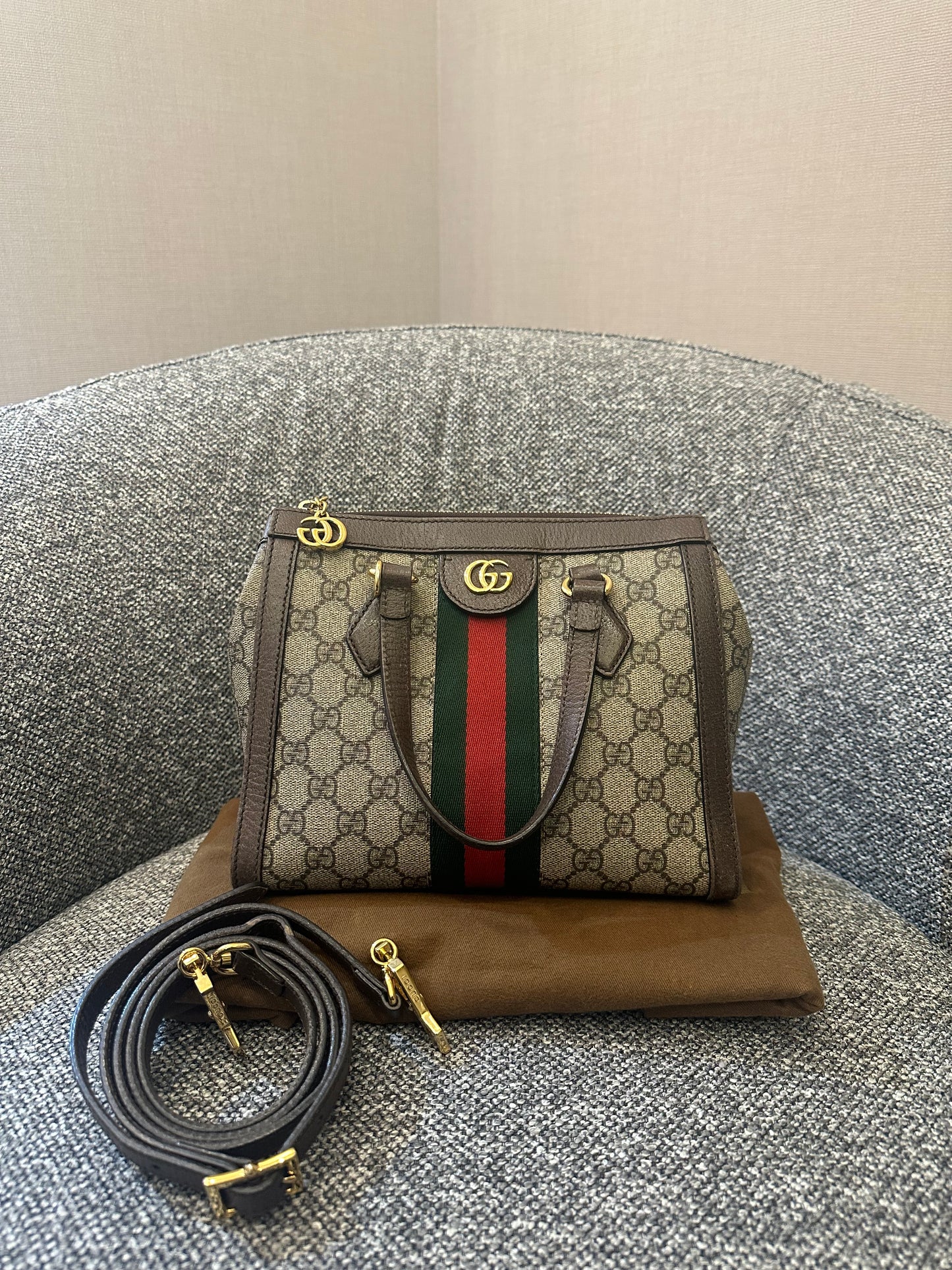 Gucci Ophidia Small Tote Bag in Beige and Ebony GG Supreme Canvas