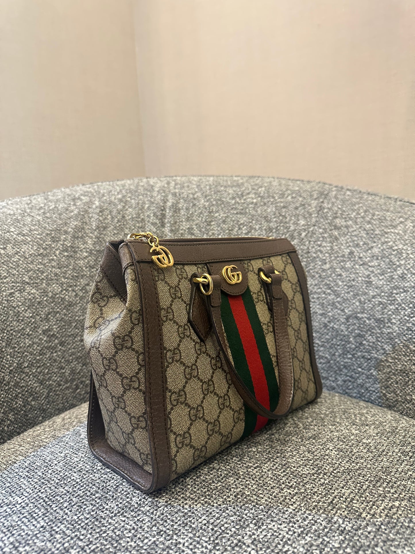 Gucci Ophidia Small Tote Bag in Beige and Ebony GG Supreme Canvas