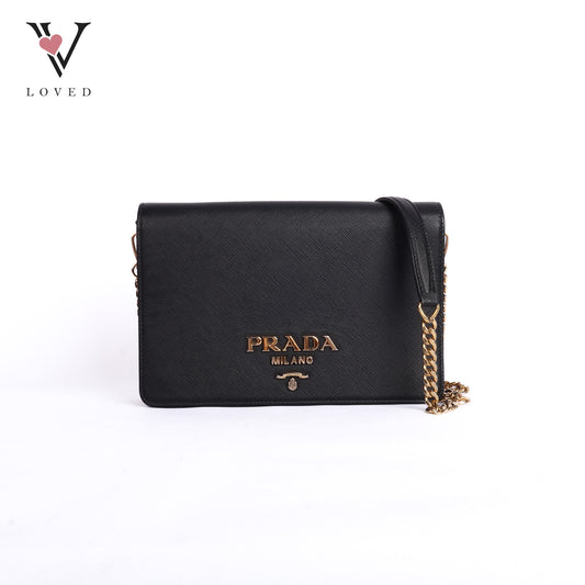 Black Leather Saffiano Lux Chain Bag