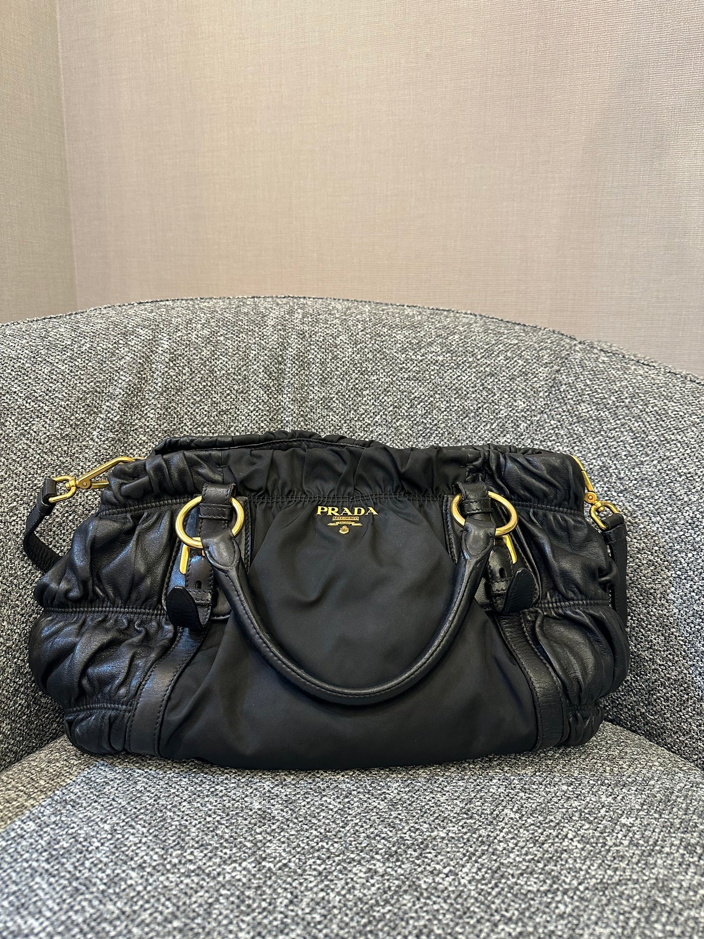 Prada Tessuto Gaufre Satchel Bag in Black Nylon and Leather