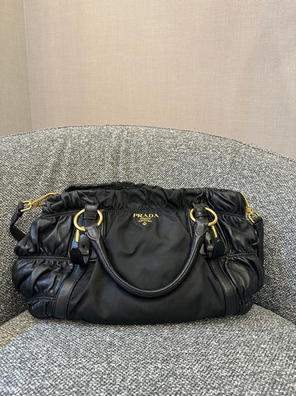 Prada Tessuto Gaufre Satchel Bag in Black Nylon and Leather