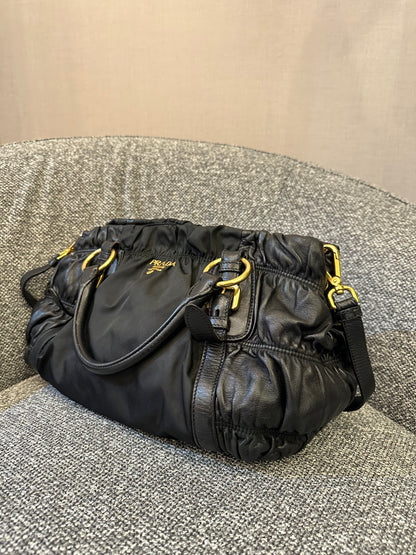 Prada Tessuto Gaufre Satchel Bag in Black Nylon and Leather