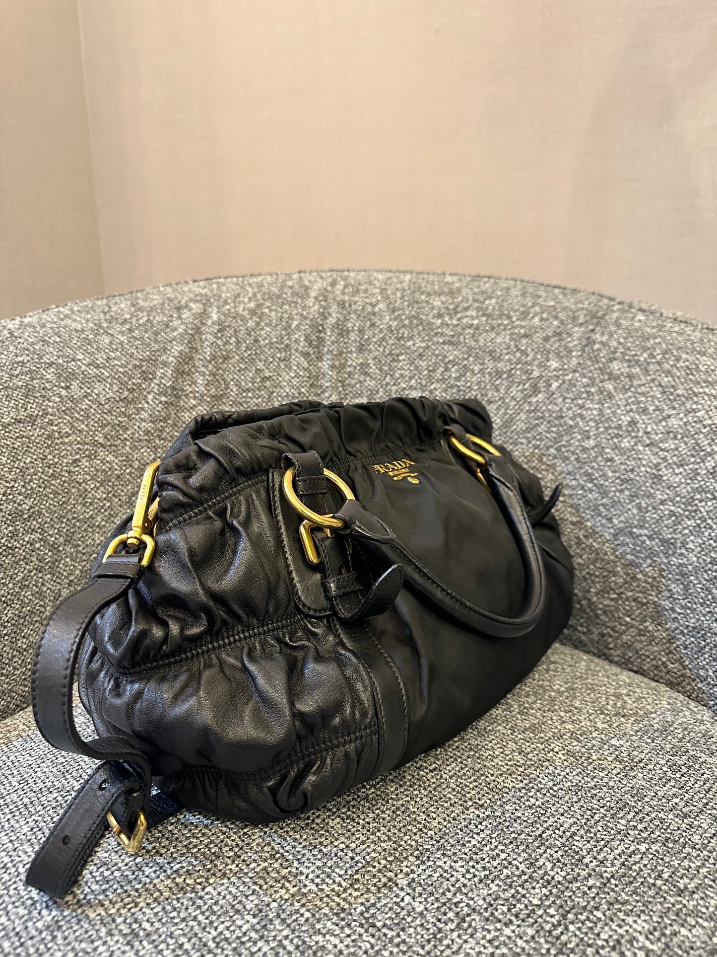 Prada Tessuto Gaufre Satchel Bag in Black Nylon and Leather