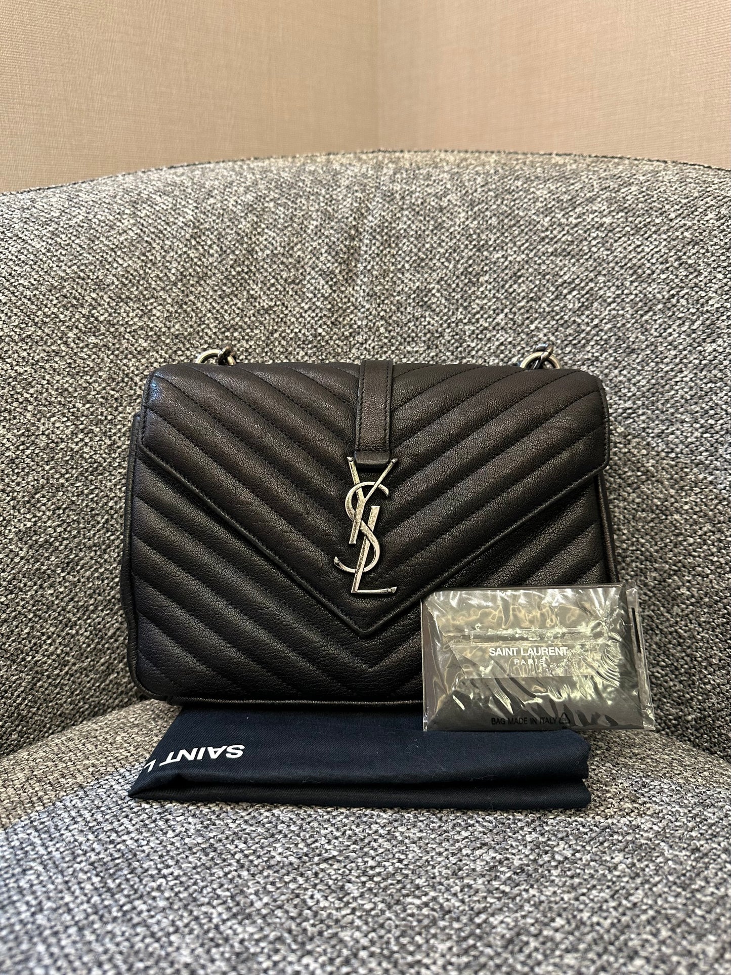 Yves Saint Laurent College Bag In Black Quilted Chevron Leather