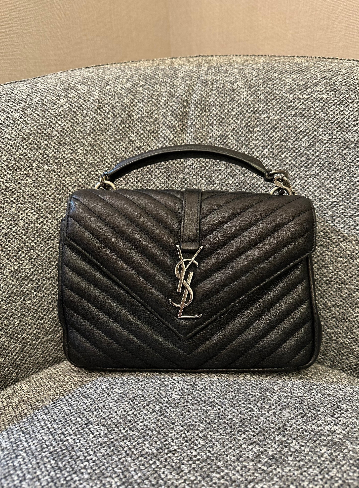 Yves Saint Laurent College Bag In Black Quilted Chevron Leather