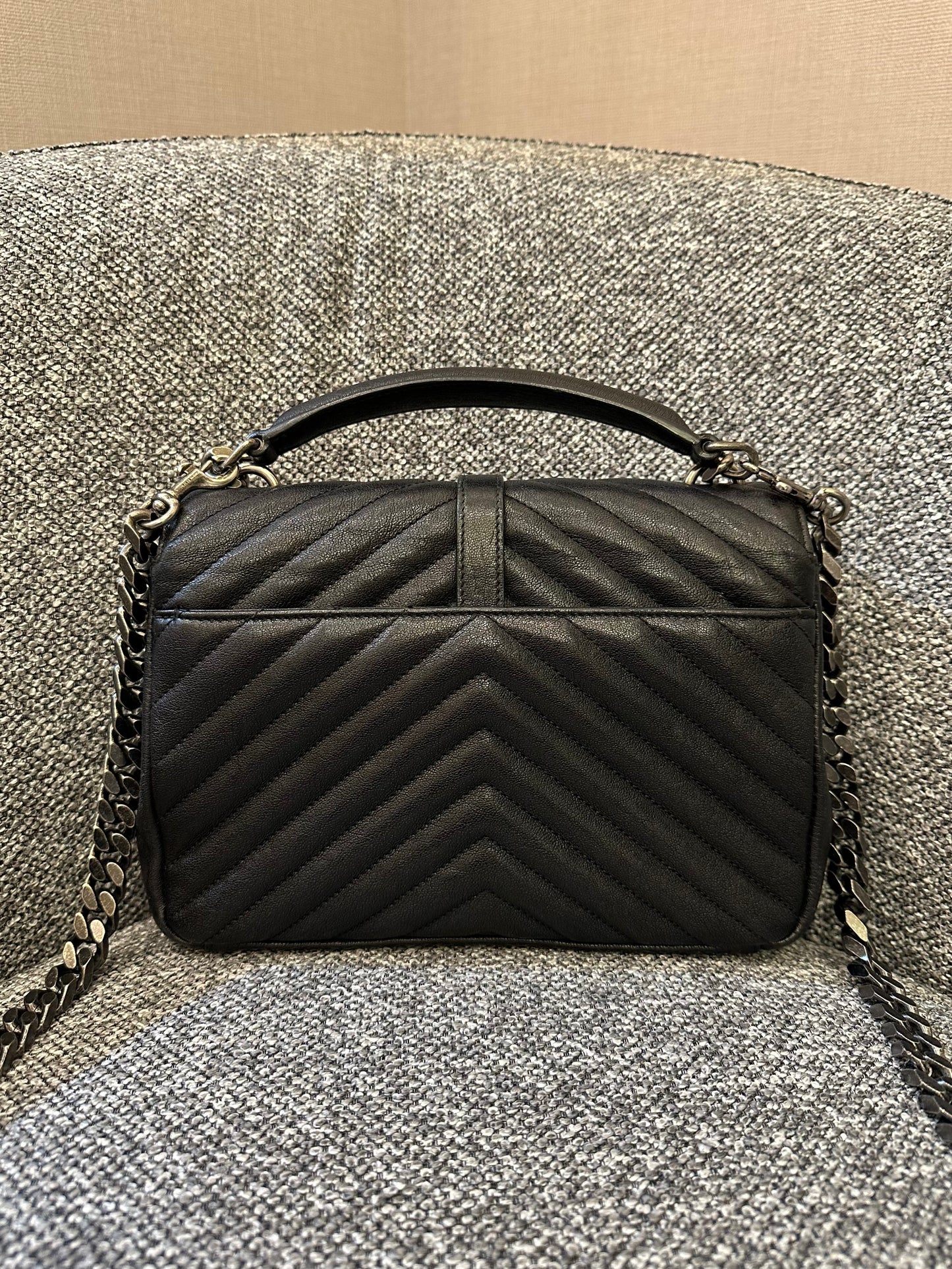 Yves Saint Laurent College Bag In Black Quilted Chevron Leather