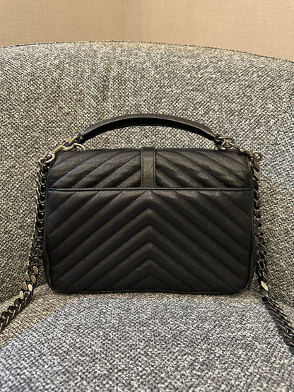 Yves Saint Laurent College Bag In Black Quilted Chevron Leather