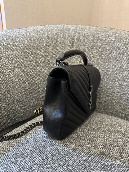 Yves Saint Laurent College Bag In Black Quilted Chevron Leather