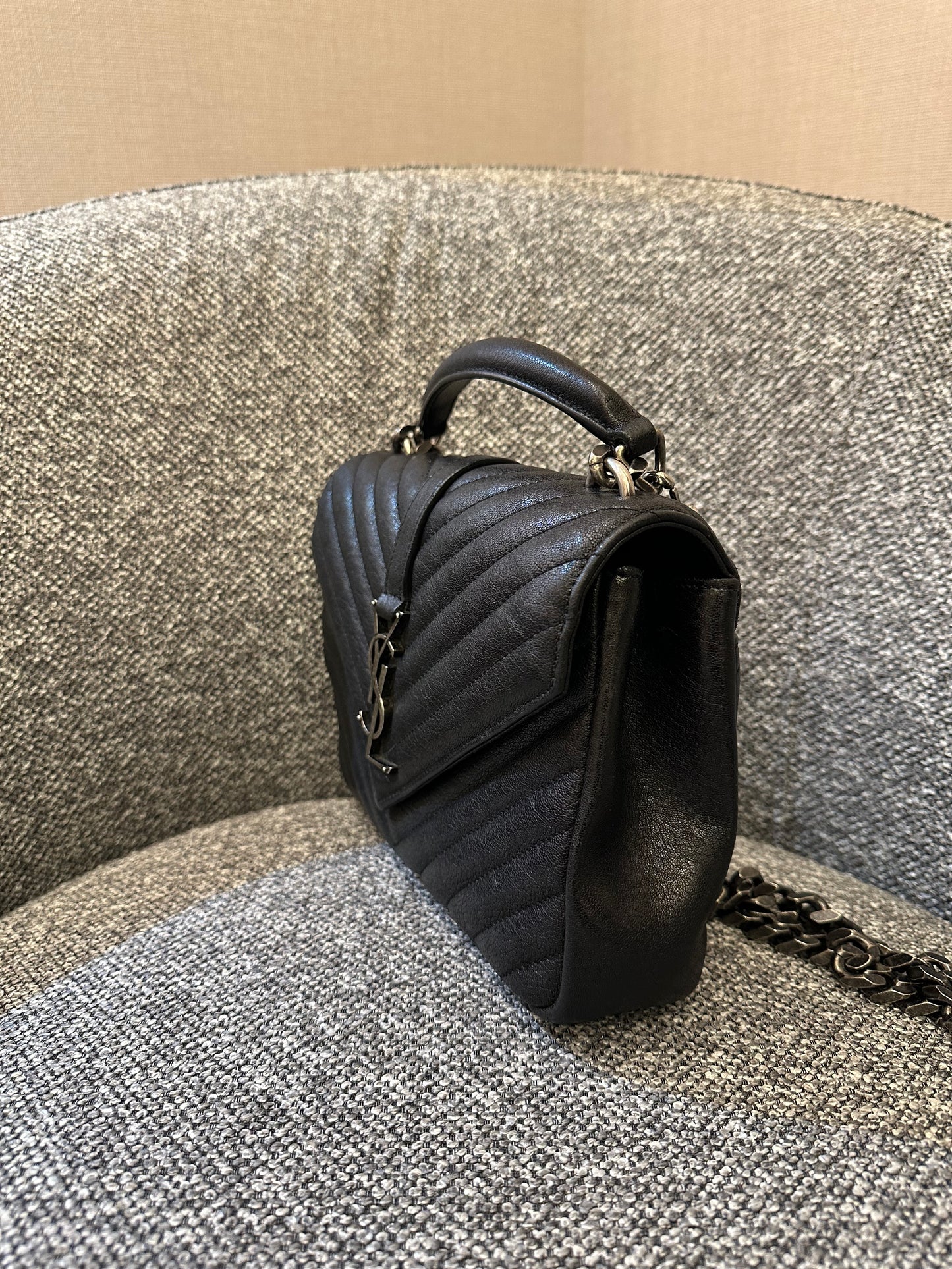 Yves Saint Laurent College Bag In Black Quilted Chevron Leather