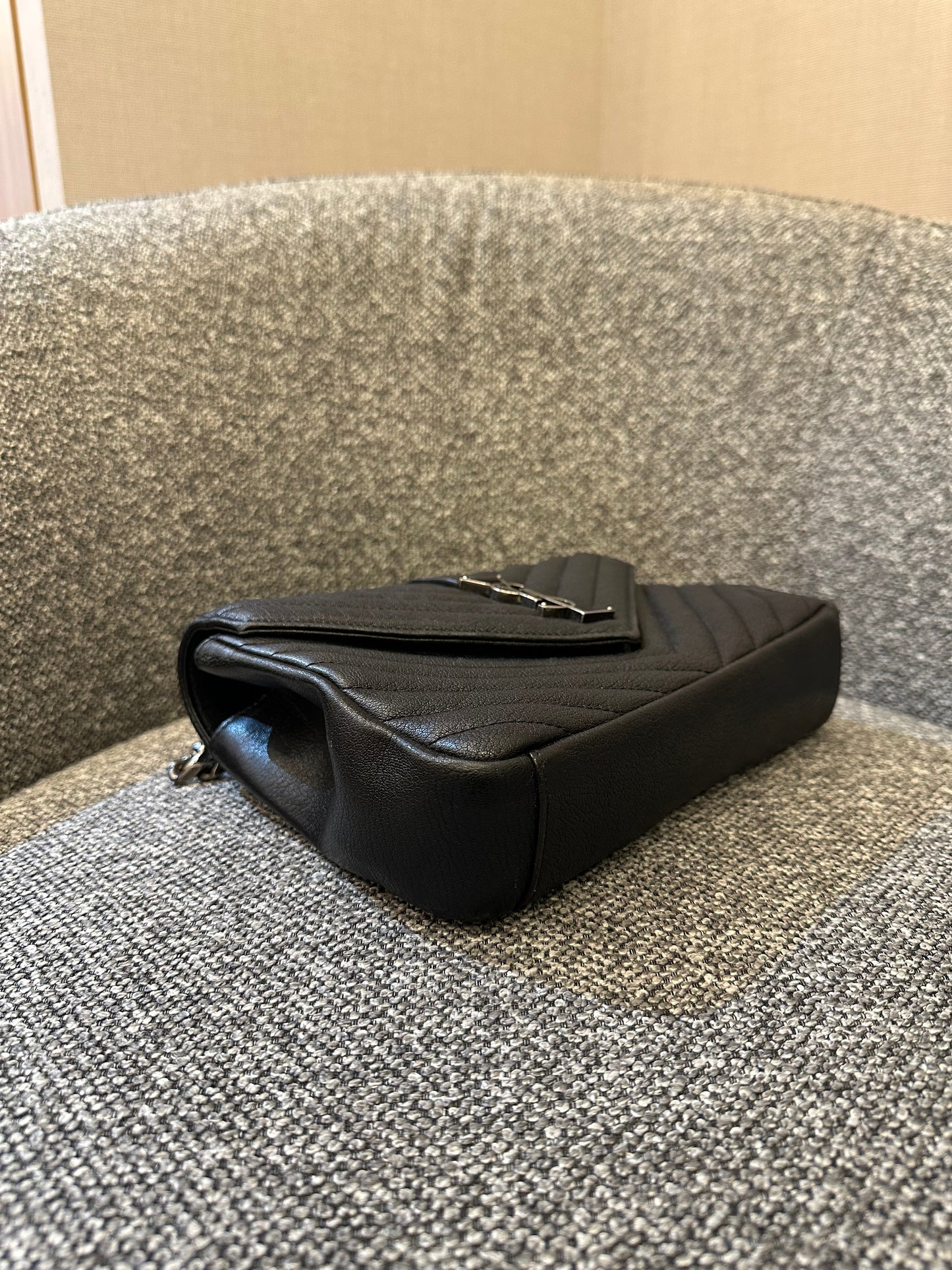 Yves Saint Laurent College Bag In Black Quilted Chevron Leather