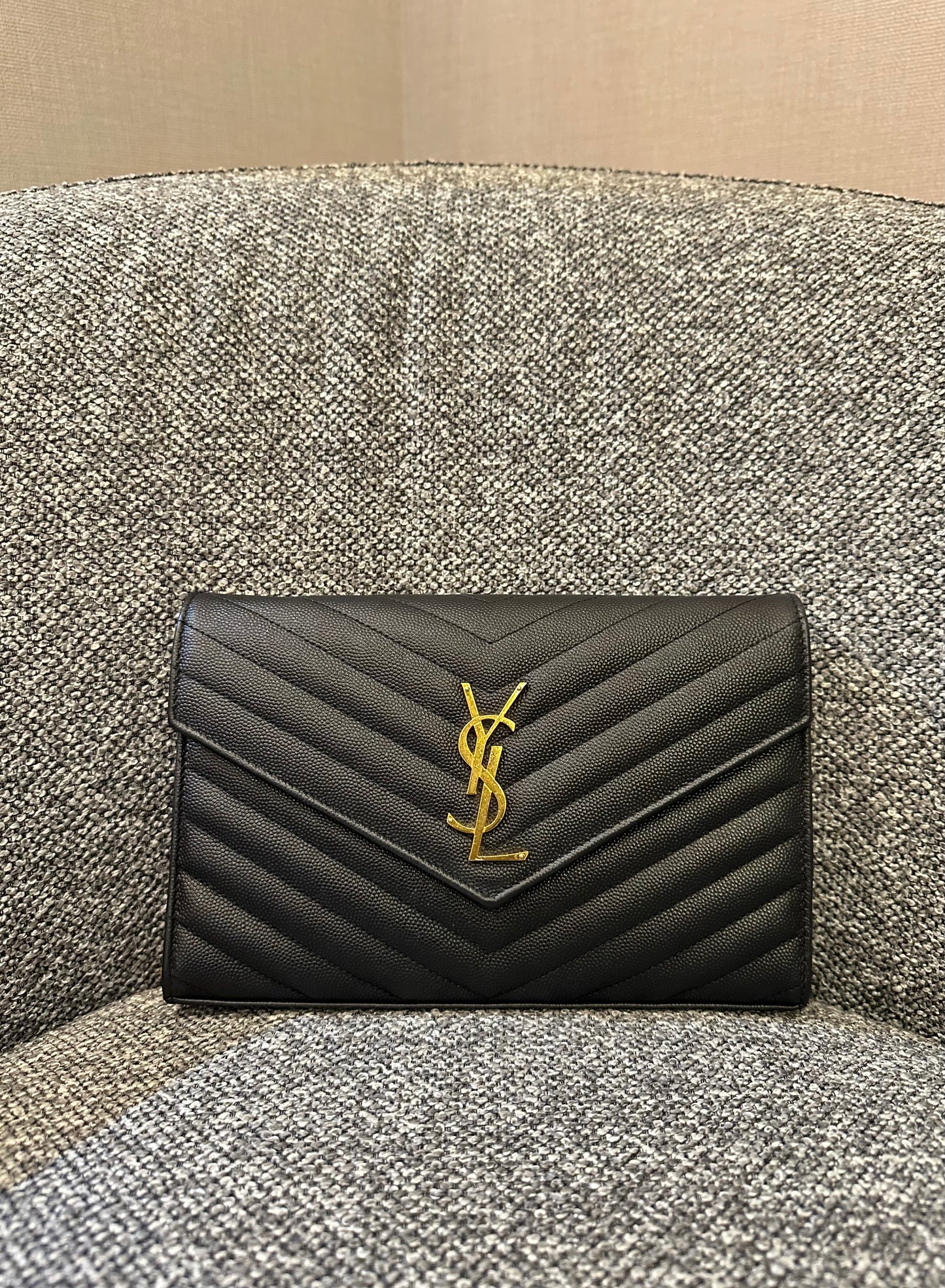 Yves Saint Laurent Cassandre WOC in Black Chevron Quilted Leather (GHW)