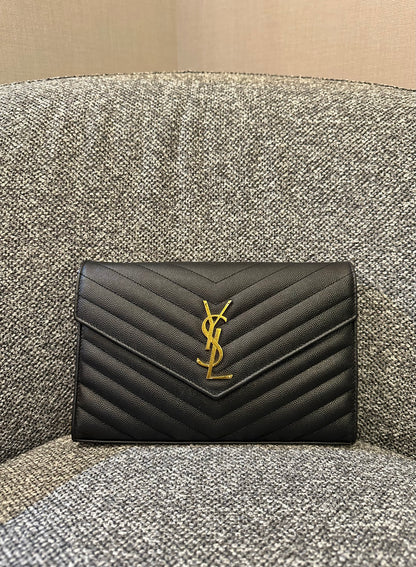 Yves Saint Laurent Cassandre WOC in Black Chevron Quilted Leather (GHW)