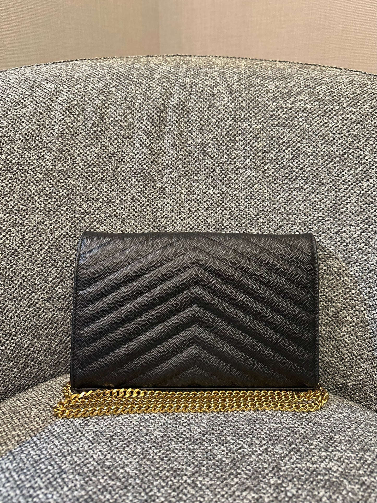 Yves Saint Laurent Cassandre WOC in Black Chevron Quilted Leather (GHW)