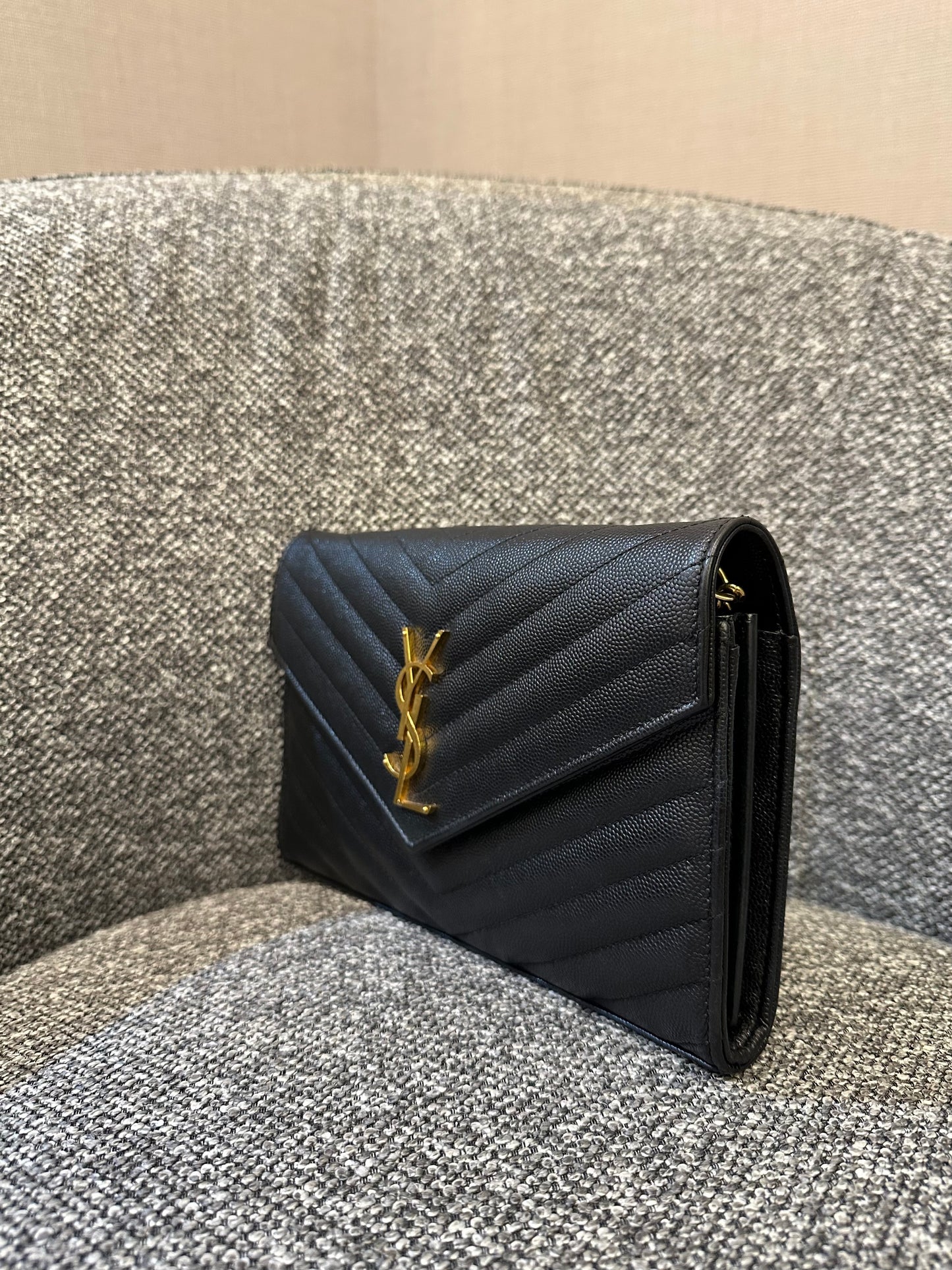 Yves Saint Laurent Cassandre WOC in Black Chevron Quilted Leather (GHW)