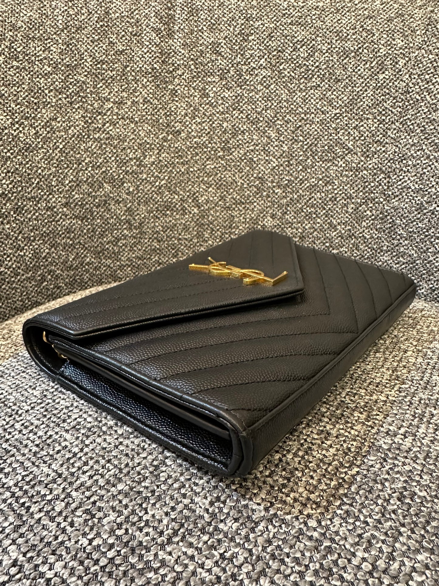 Yves Saint Laurent Cassandre WOC in Black Chevron Quilted Leather (GHW)