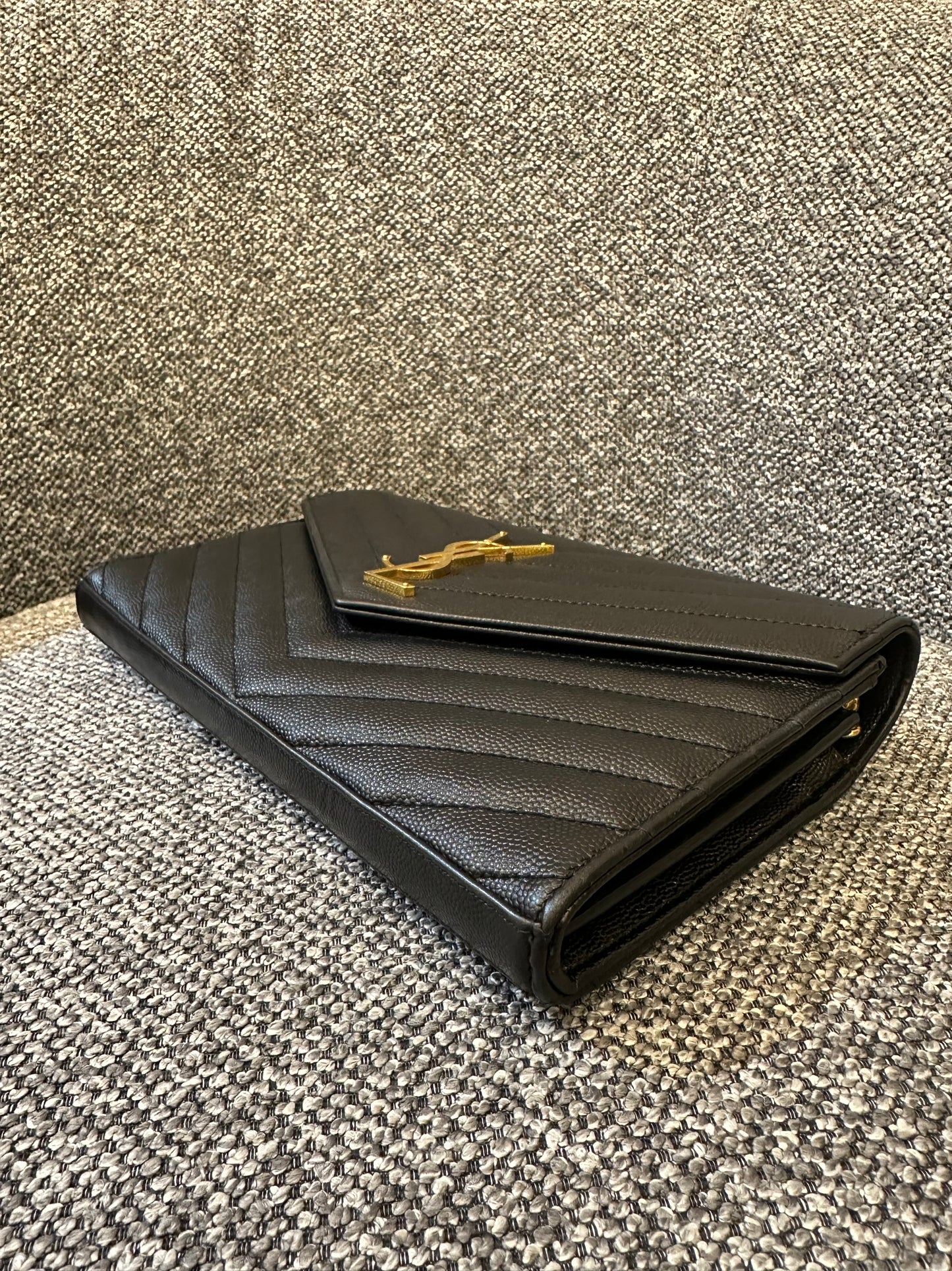 Yves Saint Laurent Cassandre WOC in Black Chevron Quilted Leather (GHW)