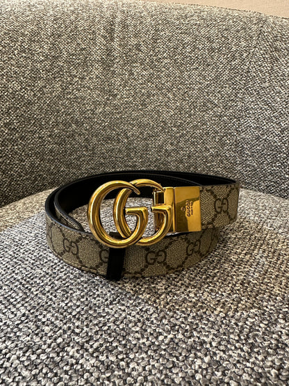 Gucci GG Marmont Reversible Belt in Beige and Ebony Canvas Leather