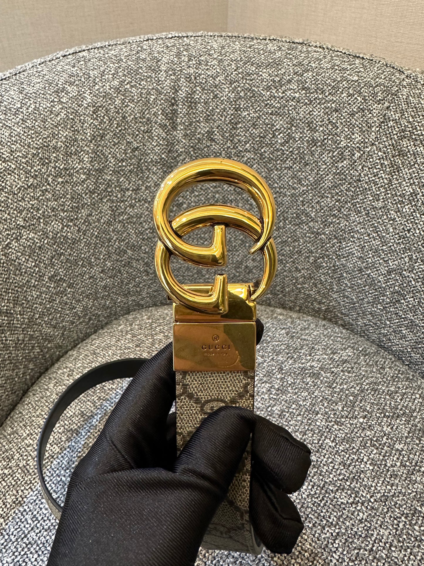 Gucci GG Marmont Reversible Belt in Beige and Ebony Canvas Leather