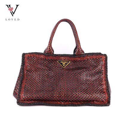 Prada Madras Tote Bag In Brown Woven Goatskin Leather