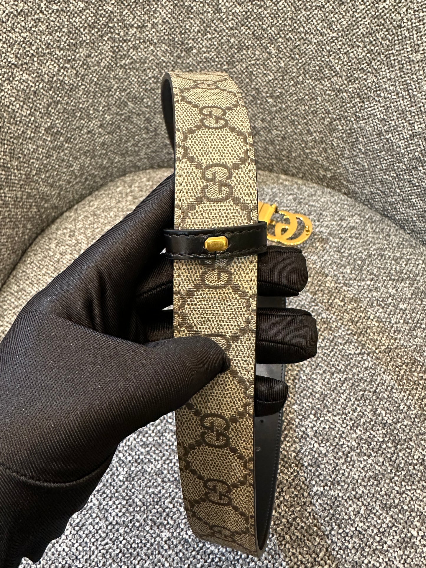 Gucci GG Marmont Reversible Belt in Beige and Ebony Canvas Leather