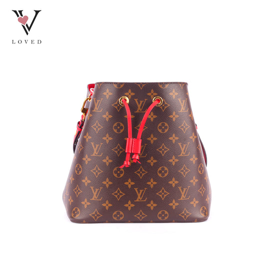 Louis Vuitton NeoNoe MM Bucket Bag in Monogram Canvas with Red Coquelicots Leather Trim