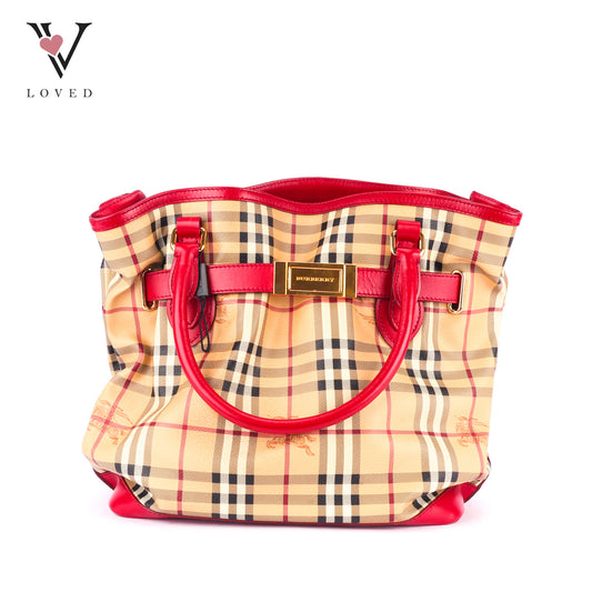 Burberry Haymarket Check Coated Canvas Belted Tote Bag with Red Leather Trim