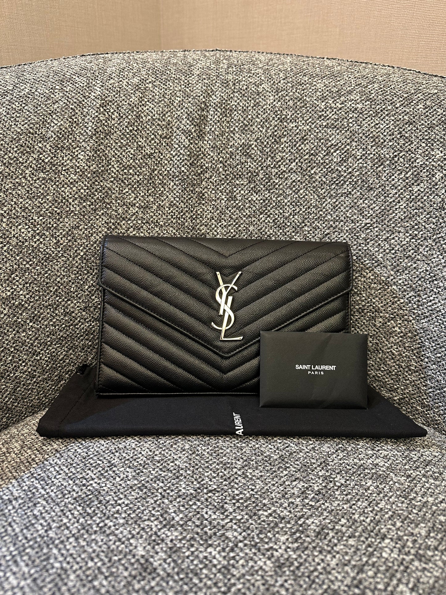 Yves Saint Laurent Cassandre WOC in Black Chevron Quilted Leather (SHW)