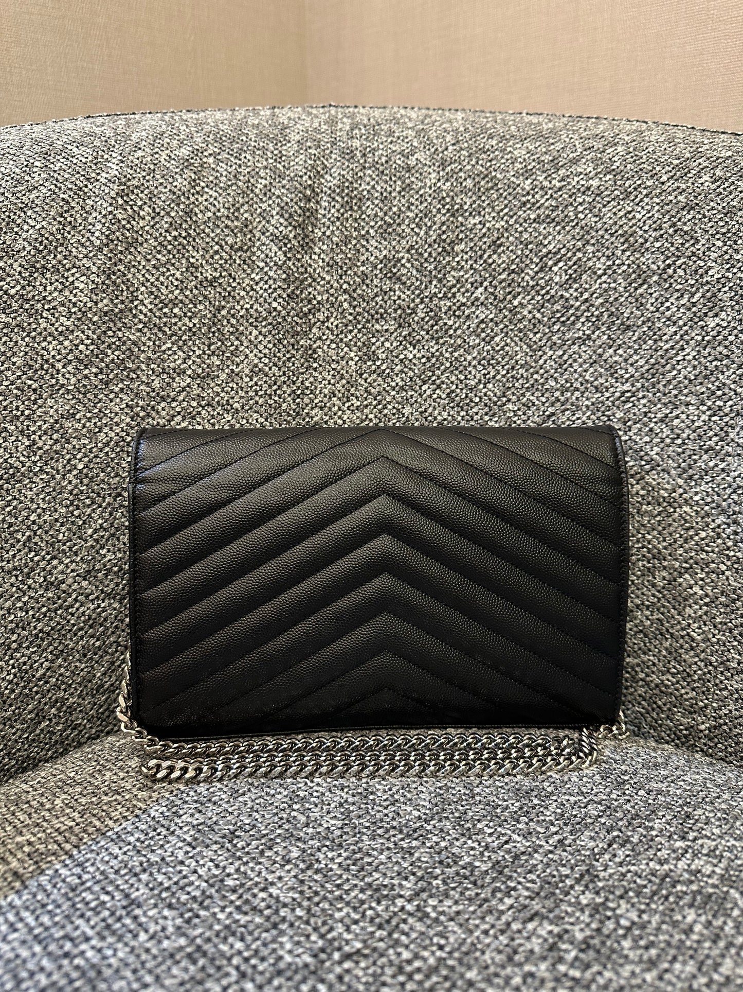 Yves Saint Laurent Cassandre WOC in Black Chevron Quilted Leather (SHW)