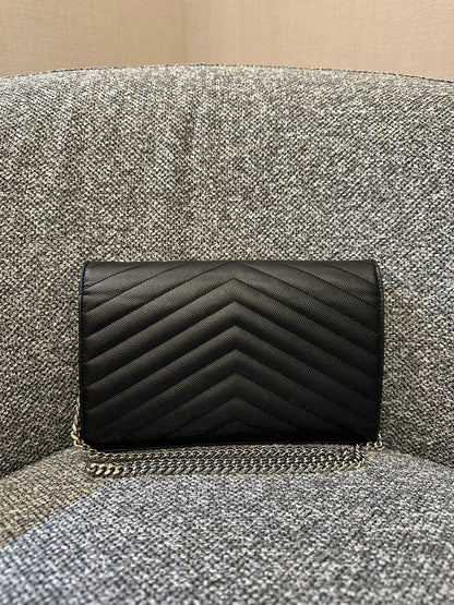Yves Saint Laurent Cassandre WOC in Black Chevron Quilted Leather (SHW)
