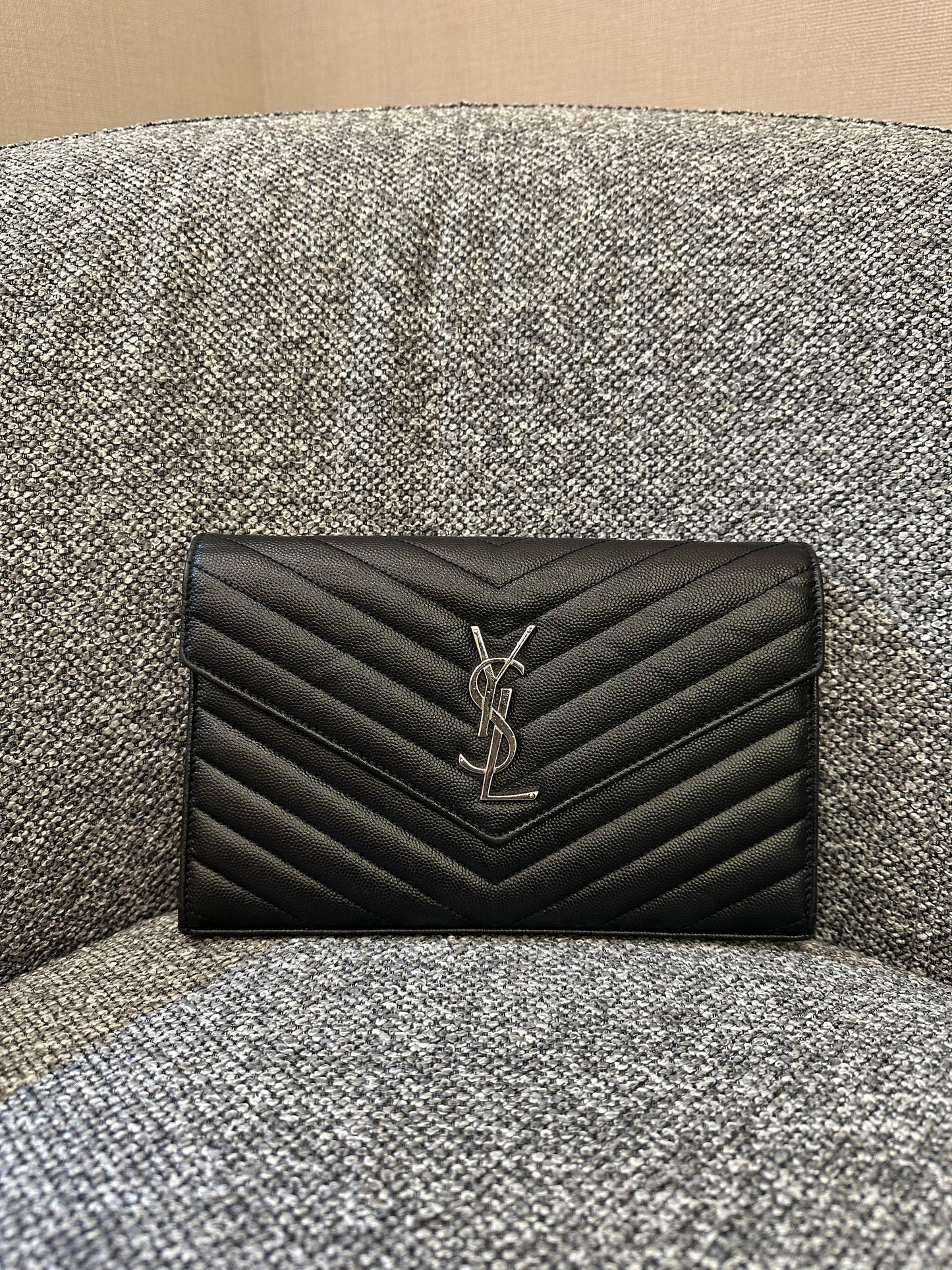 Yves Saint Laurent Cassandre WOC in Black Chevron Quilted Leather (SHW)