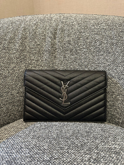 Yves Saint Laurent Cassandre WOC in Black Chevron Quilted Leather (SHW)
