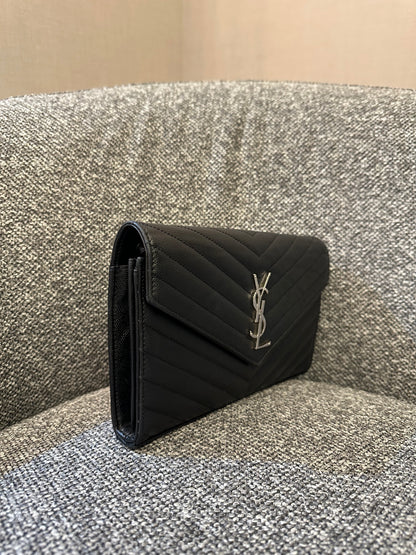 Yves Saint Laurent Cassandre WOC in Black Chevron Quilted Leather (SHW)