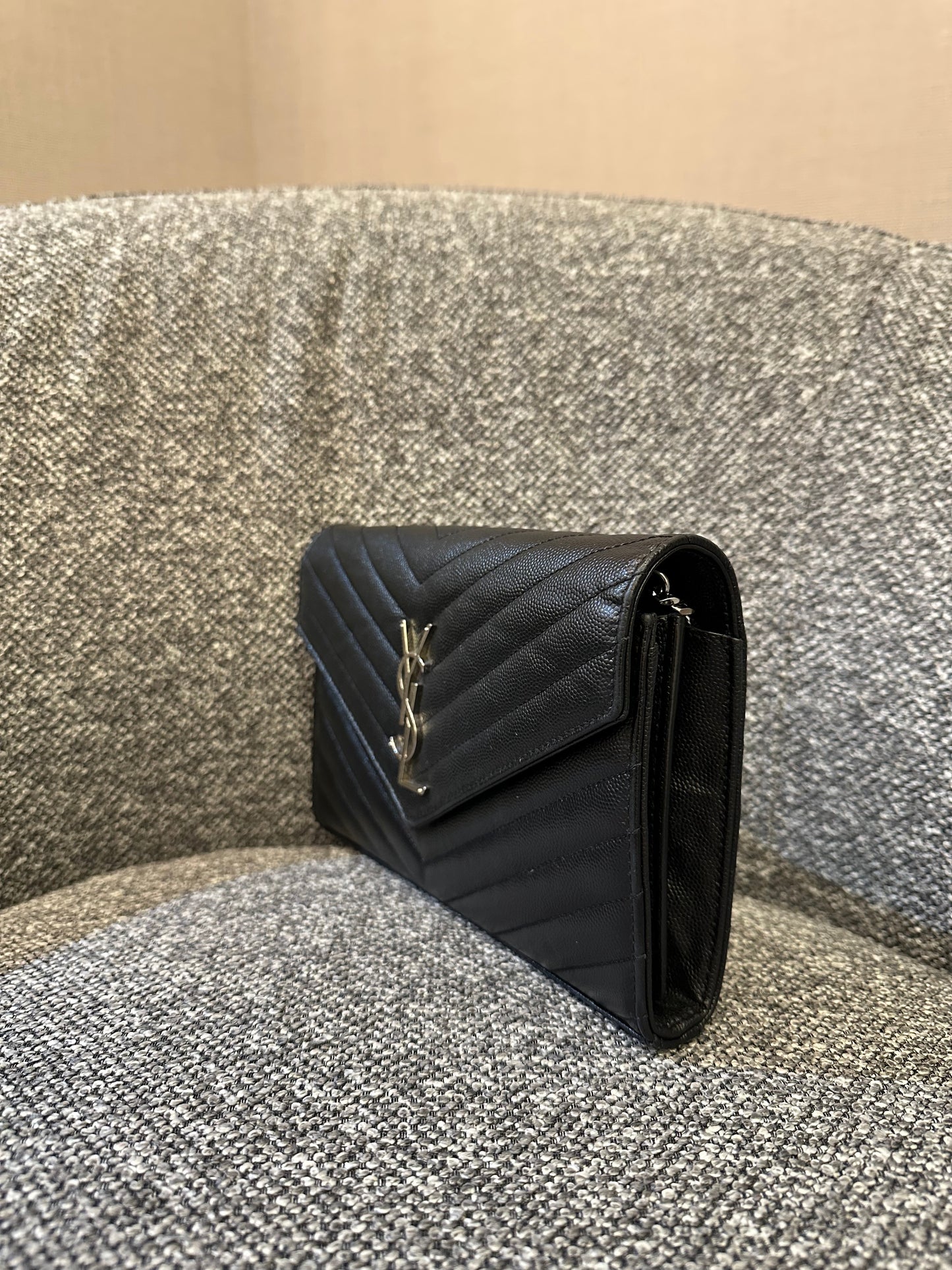 Yves Saint Laurent Cassandre WOC in Black Chevron Quilted Leather (SHW)