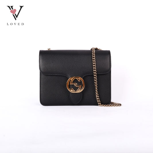 Black Leather Interlocking GG Shoulder Bag