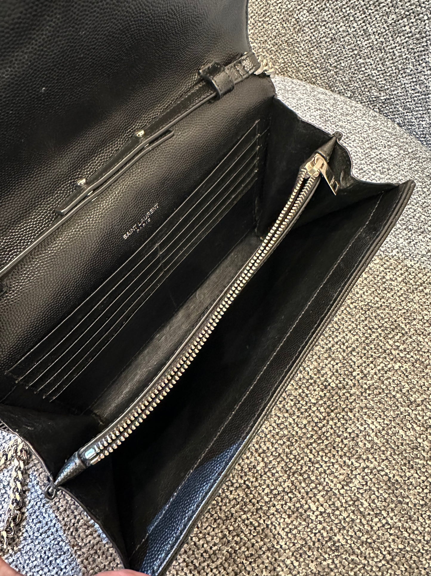 Yves Saint Laurent Cassandre WOC in Black Chevron Quilted Leather (SHW)