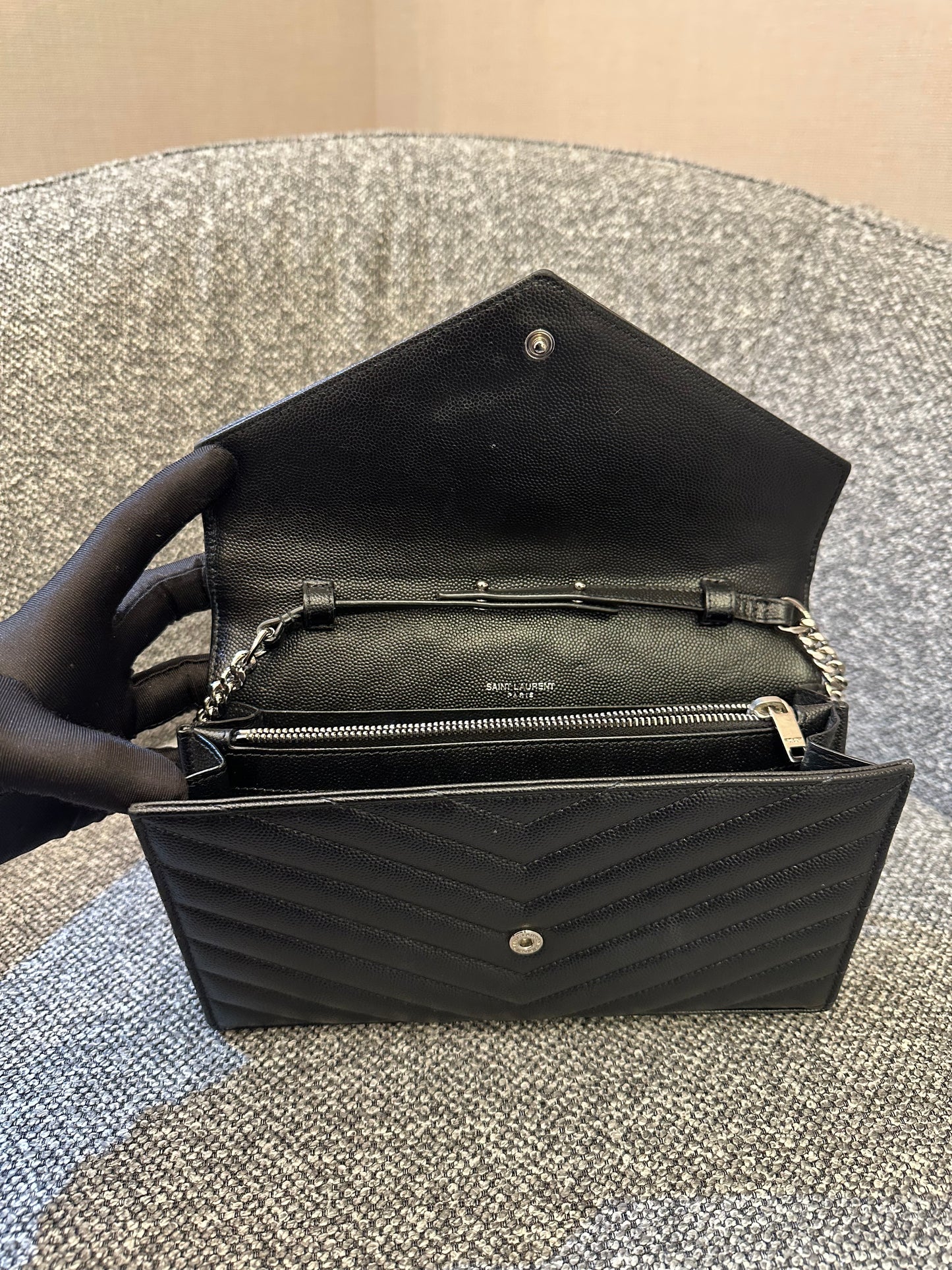 Yves Saint Laurent Cassandre WOC in Black Chevron Quilted Leather (SHW)