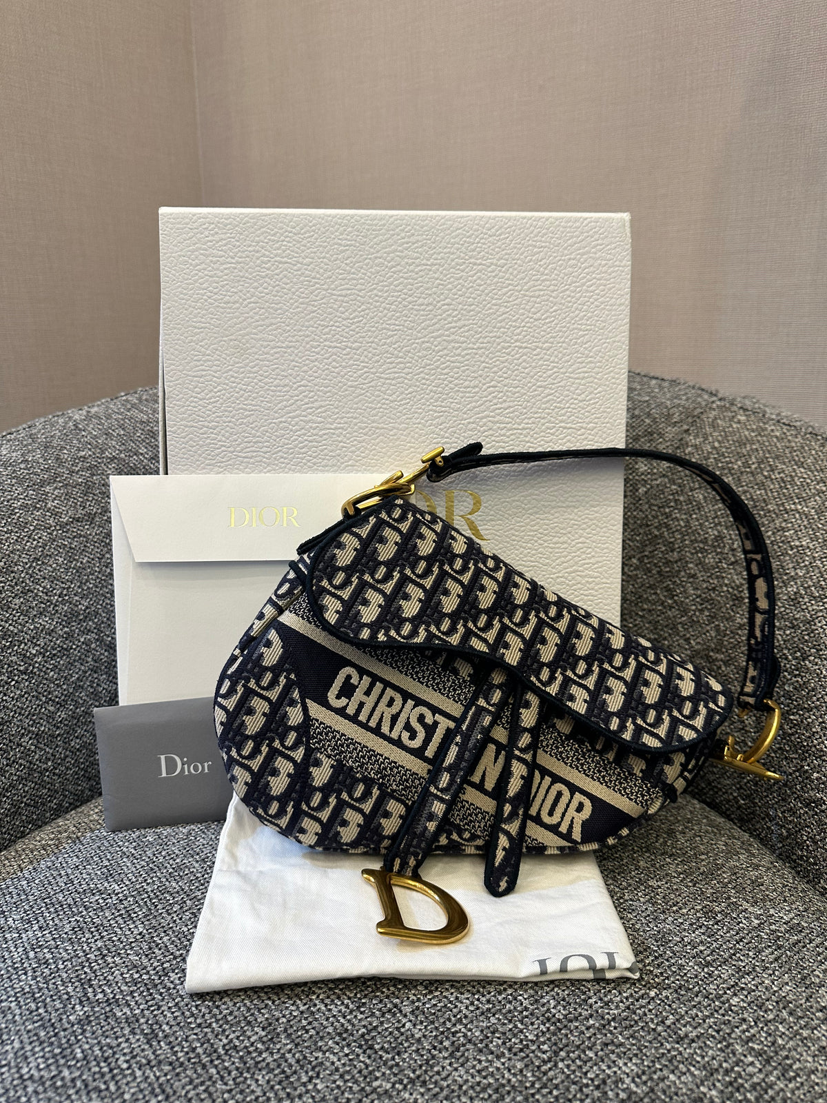 Christian Dior Medium Saddle Bag In Blue Dior Oblique Embroidery