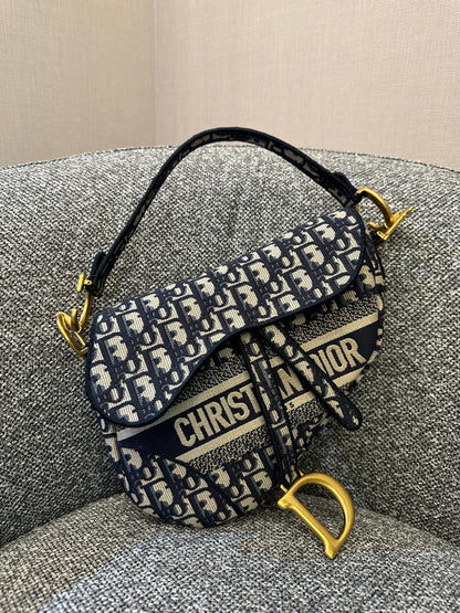 Christian Dior Medium Saddle Bag In Blue Dior Oblique Embroidery