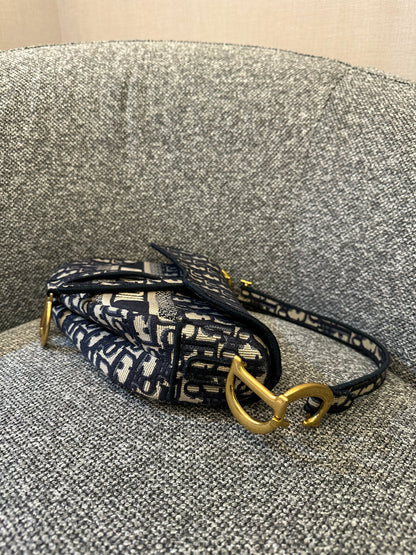 Christian Dior Medium Saddle Bag In Blue Dior Oblique Embroidery