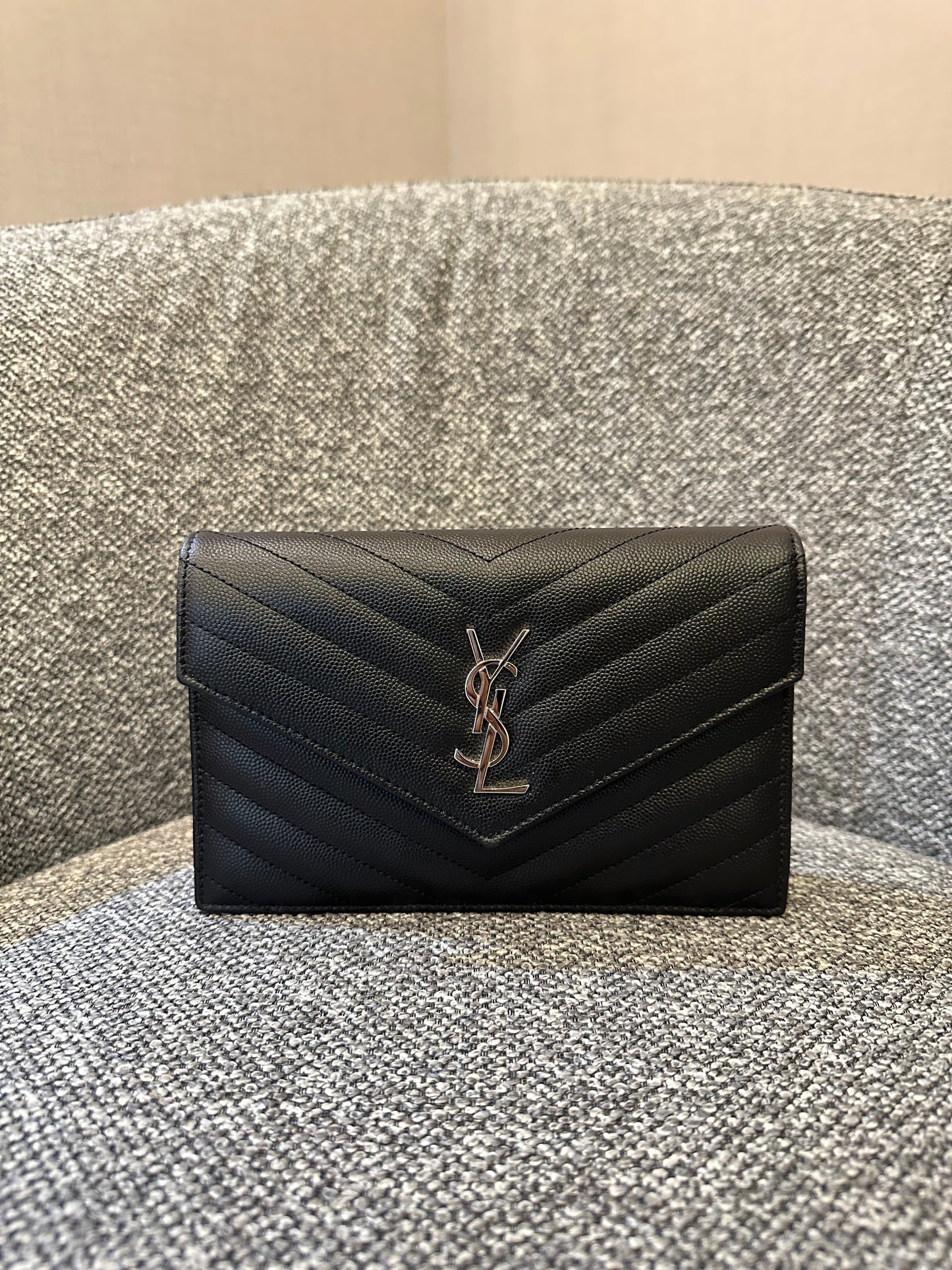 Yves Saint Laurent Small Cassandre WOC in Black Chevron Quilted Leather (SHW)